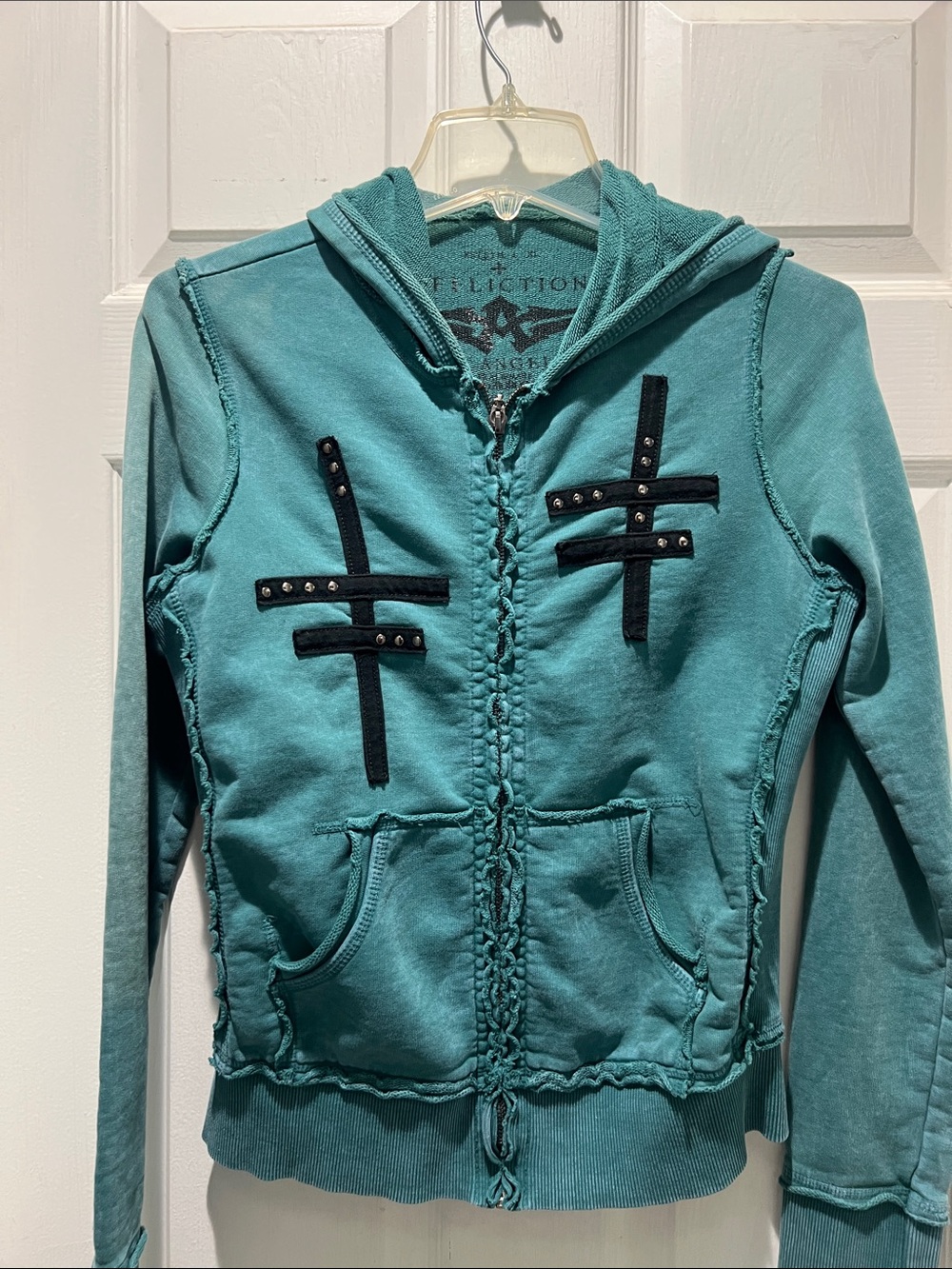 Affliction Teal Zip-Up Hoodie with Studded Cross Accents
